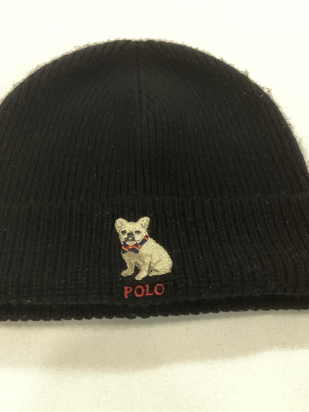 Ralph Lauren Black Ribbed Kids Beanie with Embroidered Puppy